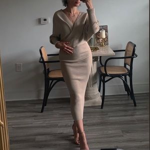 Beige bodycon sweater dress